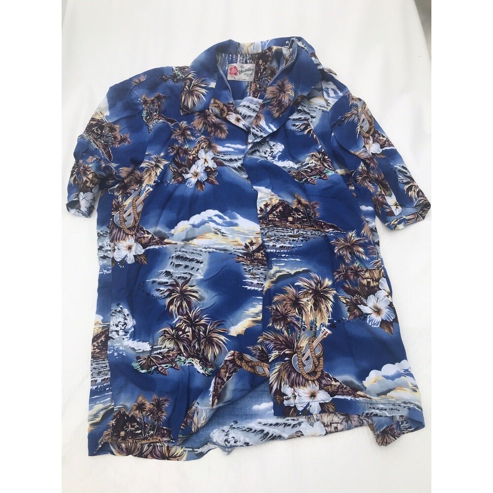 Hilo Hattie Hawaiian Original Floral Blue Button Front Shirt Men Medium Vtg USA